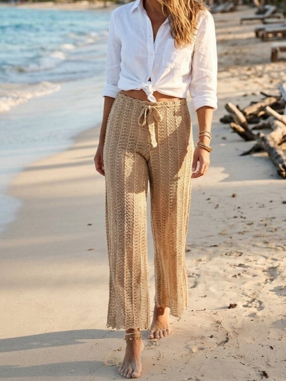 Becca Tan Cream Gold Lace Wide Leg Beach Pants Swim Cover Up, XS
